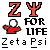 Pixelated graphic with red Z and Y symbols, black text 'FOR LIFE', a red-and-white figure, and white lowercase letters on gray background.