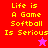 Pixelated text reads "Life is A Game Softball Is Serious" on red and pink backgrounds with a purple star in the top-right