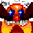 Pixelated character with orange hair, blue eyes, red mouth, and black arms against a gray background with yellow lower sections.