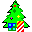 Green pixelated Christmas tree with red star, yellow cross, blue house, and candy cane stripes on gray background.