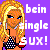 Pixelated cartoon-style icon of a blonde woman with blue eyes wearing a checkered top, standing against a purple background with white text reading "bein single 5 UX!".