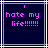 Dark blue background with white and gray lines, displaying pink pixelated text 'i hate my life!!!!!!' in two identical