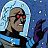 Pixelated image of a person with light brown hair wearing red-tinted glasses, dark clothing, and blue accents against a starry background.