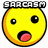 Four yellow emoji faces with orange outlines display sequential text and mouth expressions: 'sarcasm' above left face, 'dripping from' on top-right, 'every vowel!' across bottom-left, ':P' in bottom-right.