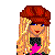 Pixel art contact sheet showing three variations of a female character with red headwear and star symbols, surrounded by blue text and stars on black background.