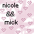 Pixelated buddy icon with pink heart pattern background and black text 'nicole & mick' displayed across two frames of an animation.