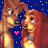 Animated pixel art of two cartoon dogs with brown and red fur against a blue starry background, each frame showing slight variations in their facial expressions.