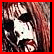 Pixelated image of a person with long brown hair and a white mask-like face, next to red text on black background.