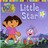 Pixelated image of a cartoon character with brown hair in pink top and orange shorts standing on green grass under purple sky.