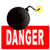 A pixelated black bomb with a yellow fuse sits atop a red rectangular sign displaying the word DANGER in white block letters.