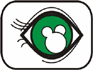 Four rounded-corner display sequential eye and eyelash animations with green irises containing white Mickey Mouse head silhouettes