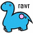 Pixelated blue dinosaur with pink circular spots on head and body, standing beside black pixelated text reading 'RAWR' on white background.