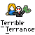 Pixel art of two figures: a blonde woman in blue and beige, and a suited figure with red eyes holding green leaves against gray background.