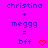 Pixelated text on bright pink background shows 'christina + meggg = bff' with blue letters and red heart symbol.