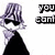 Pixelated character with purple hair and black sunglasses appears in four with text changes and a gray overlay