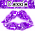 Purple lips with white sparkles and plus signs on a white background, labeled 'Cassie' in black text on a purple banner above.