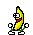 Pixelated banana character with green limbs and white shoes in multiple poses, red mouth, white eyes with black pupils, gray background.