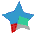 A star-shaped icon with blue, green, and red sections undergoes sequential pixel changes across showing partial transformations