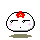 Four pixel-art frames of a white spherical character with red flower-like headpiece and pink blush marks, each showing distinct facial expressions on gray background.