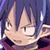 Pixelated anime-style character face with spiky purple hair, light skin tone, and one visible eye showing a neutral expression against a dark blue background.