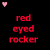 Red pixelated text 'red eyed rocker' appears twice on a black background with two pink heart icons in opposite corners.
