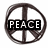 A circular peace symbol with a black rectangular banner containing the word PEACE in white capital letters across the center.