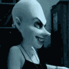 Animated sequence of a bald, pale-skinned character with exaggerated facial features wearing a black tank top against dark industrial background.