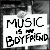 Static pixel art image with bold black text on white background reading "MUSIC IS MY BOYFRIEND" surrounded by grayscale abstract shapes.