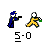 Animated contact sheet showing 8 frames of a pixel art scene with two stick figures: one in blue police uniform, the other in yellow running pose holding green object, all on gray background with "5-0" text below each frame.