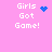 Pink background with white text 'Girls Got Game!' and blue pixel art symbols in four positions. Blue heart symbol appears top-left, scattered dots appear top-right and bottom-left.
