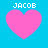 Four pink heart shapes on a cyan background with the text JACOB above or over each heart in white pixelated font.