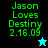 Green pixelated text reads "Jason Loves Destiny 2.16.09" on four distinct backgrounds with a small star icon changing color between frames.