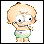 Pixelated cartoon character with light brown hair, large white eyes with black pupils, and a green outfit with blue and red details.