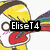 A pixelated image shows a cartoon character with yellow hair and red lips holding a rainbow-colored bow, overlaid with two black text boxes reading "EliseT4" and "ROX!!".
