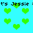 Pixelated cyan background with repeating green heart shapes and black text reading "it's Jessie" in a retro digital style.