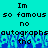 Pixelated text on cyan background with blue pixelated crowd at bottom, repeating 'Im so famous no autographs tho' in two