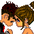 Pixel art buddy icon showing a couple in wedding attire with text "Me and my man forever!" on blue background.