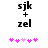 Black text 'sjk + zel' above pink and light pink pixelated heart shapes on white background.