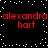Red text on black background with white pixelated dots forming a border, displaying "alexandra hart" in two across the image