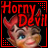 A 5x5 contact sheet of animated frames showing a cartoon devil character with red horns, blue eyes, and brown skin against a black background, with "Horny Devil" text in red above each frame.