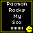 Four identical pixel-art display "Pacman Rocks My Sox !!!!!!!" text with yellow Pacman icon, each bordered by thick yellow frame on black background