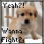 A static image of a light brown puppy with dark eyes and nose standing behind vertical bars, overlaid with text "Yeah?!" at top left and "Wanna Fight?" below it.
