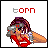 Pixel art of a character with purple hair and red eyes wearing a red outfit, holding a gray object near their face, with 'torn' text above in red and gray letters.