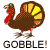 Pixelated turkey with brown body, red wattle, yellow beak, and fanned tail feathers in yellow and orange hues, standing on two legs with claws, below text reading GOBBLE!