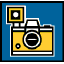 Yellow and white camera with blue background; lens and flash display changing states across six