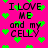 Bright pink background with scattered green pixelated hearts and repeated black text reading "I LOVE ME and my " in a blocky font