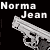 Pixelated image with 'Norma Jean' text, a revolver graphic, and a person in a pink patterned top holding a microphone against a dark background.
