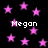 Black background with scattered pink stars and repeated white text 'Megan' in pixelated font.