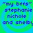 Blue text on green and blue spiral background reads "my bffs" followed by names Stephanie, Nichole, and Shelby in four identical
