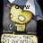 Animated pixel art of a yellow cartoon character with large eyes and blue hair, wearing a dark gray outfit with pink accents, displaying text changes across frames.